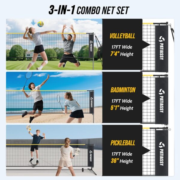 5.1ft-7.4ft Adjustable Height Volleyball Badminton Pickleball Net Set 17ft Sports Net with Poles, 4 Badminton Rackets, 3 Shuttlecocks, 4 Pickleball Paddles and Volleyball