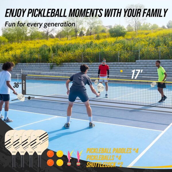 5.1ft-7.4ft Adjustable Height Volleyball Badminton Pickleball Net Set 17ft Sports Net with Poles, 4 Badminton Rackets, 3 Shuttlecocks, 4 Pickleball Paddles and Volleyball