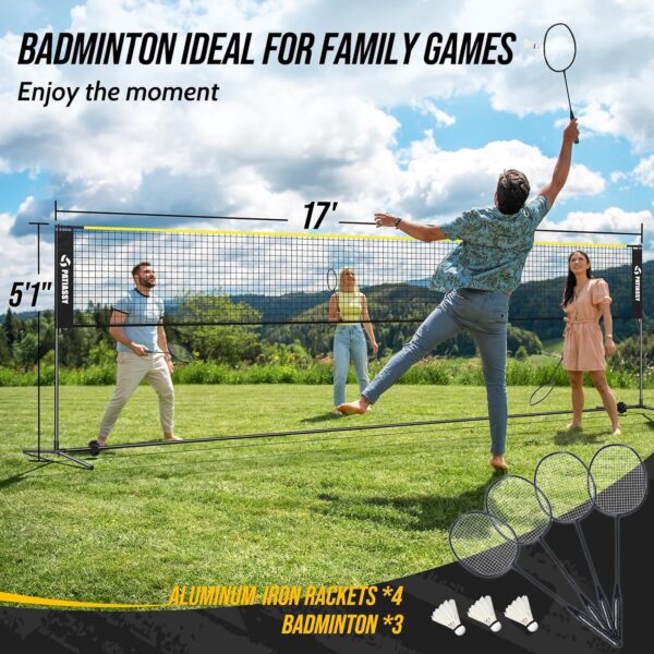 5.1ft-7.4ft Adjustable Height Volleyball Badminton Pickleball Net Set 17ft Sports Net with Poles, 4 Badminton Rackets, 3 Shuttlecocks, 4 Pickleball Paddles and Volleyball