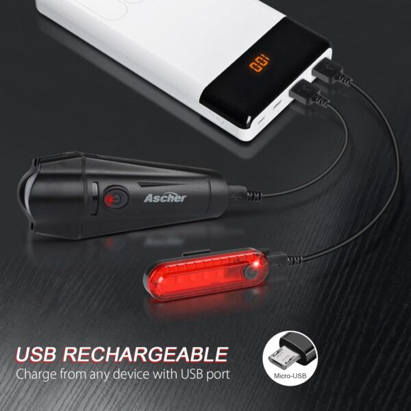Ascher Ultra Bright USB Rechargeable Bike Light Set, Powerful Bicycle Front Headlight and Back Taillight, 4 Light Modes, Easy to Install for Men Women Kids Road Mountain Cycling...