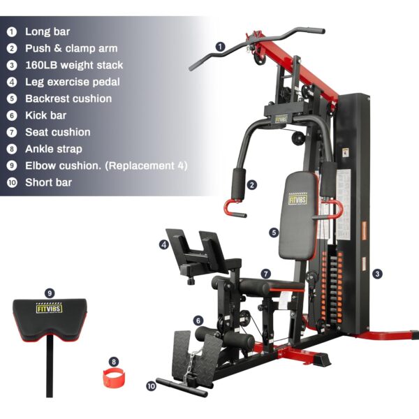 Fitvids Multifunctional Home Gym Equipment with 160 lbs Weight Stack, Full Body Workout Weight Machine, Strength Training Exercise Equipment with Pulley System & Leg Press,...