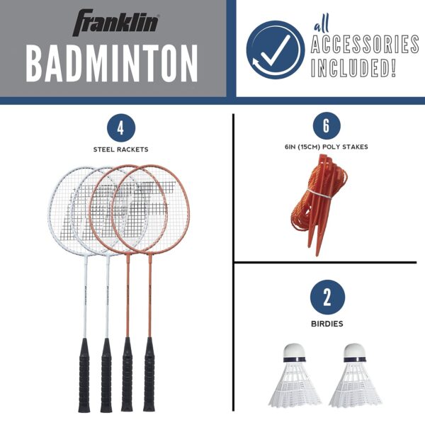 Franklin Sports Badminton Net Sets - Outdoor Backyard + Beach Badminton Net + Equipment Set - (4) Rackets + (2) Birdies + Portable Net Included - Adults + Kids Set