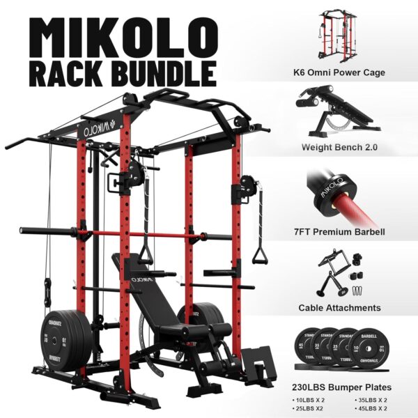 Mikolo Power Cage, Power Rack with Cable Crossover System, 1500LBS Squat Rack with LAT Pull Down System, Workout Cage with Pulley System for Fitness Home Gym