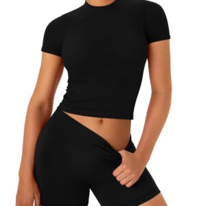 OLCHEE Womens Workout Sets 2 Piece Seamless Summer Outfits Scrunch Butt Shorts Crew Neck T-shirt Matching Clothing Set
