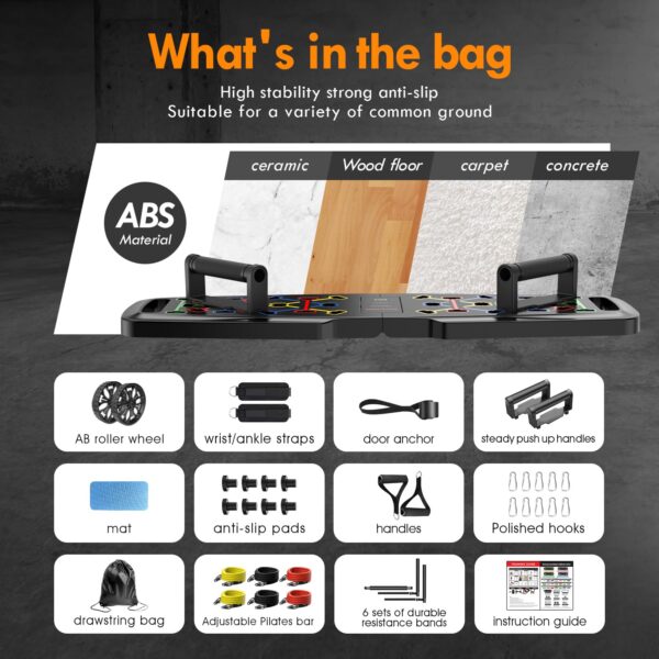 Push Up Board,Home Gym,Portable Exercise Equipment,Pilates Bar and 20 Fitness Accessories with Resistance Bands and Ab Roller Wheel,Full Body Workout at Home