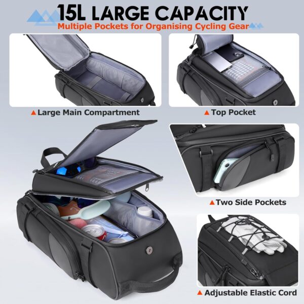 RAINSMORE Bike Bags for Bicycle Rear Rack 15L Waterproof Bike Ebike Trunk Pannier Saddle Bag with Rain Cover Bike Accessories Backpack Shoulder Bag for Commuter Travel Outdoor,...