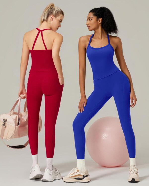 RXRXCOCO Cross Back Workout Sets for Women 2 Piece Padded Tank Tops Hidden Scrunch Leggings Gym Outfits with Pockets