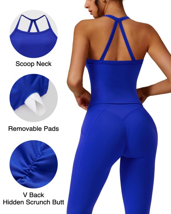 RXRXCOCO Cross Back Workout Sets for Women 2 Piece Padded Tank Tops Hidden Scrunch Leggings Gym Outfits with Pockets