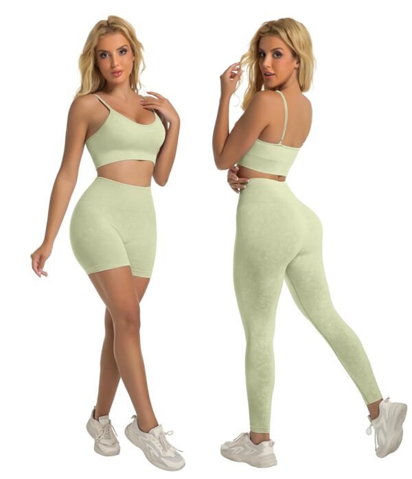 YOAKUKA Women's 4 Piece Workout Sets Seamless Acid Wash Tops Sports Bra High Waist Shorts Leggings Active Set