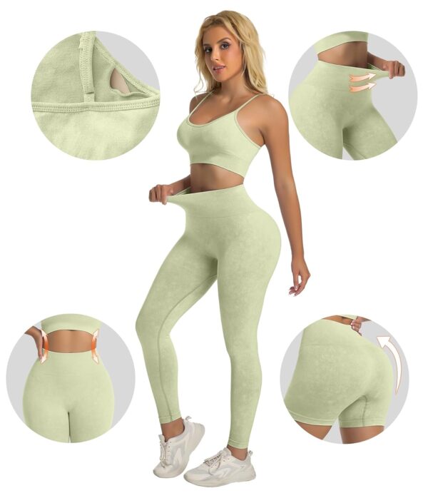YOAKUKA Women's 4 Piece Workout Sets Seamless Acid Wash Tops Sports Bra High Waist Shorts Leggings Active Set