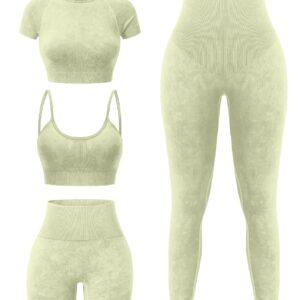 YOAKUKA Women's 4 Piece Workout Sets Seamless Acid Wash Tops Sports Bra High Waist Shorts Leggings Active Set